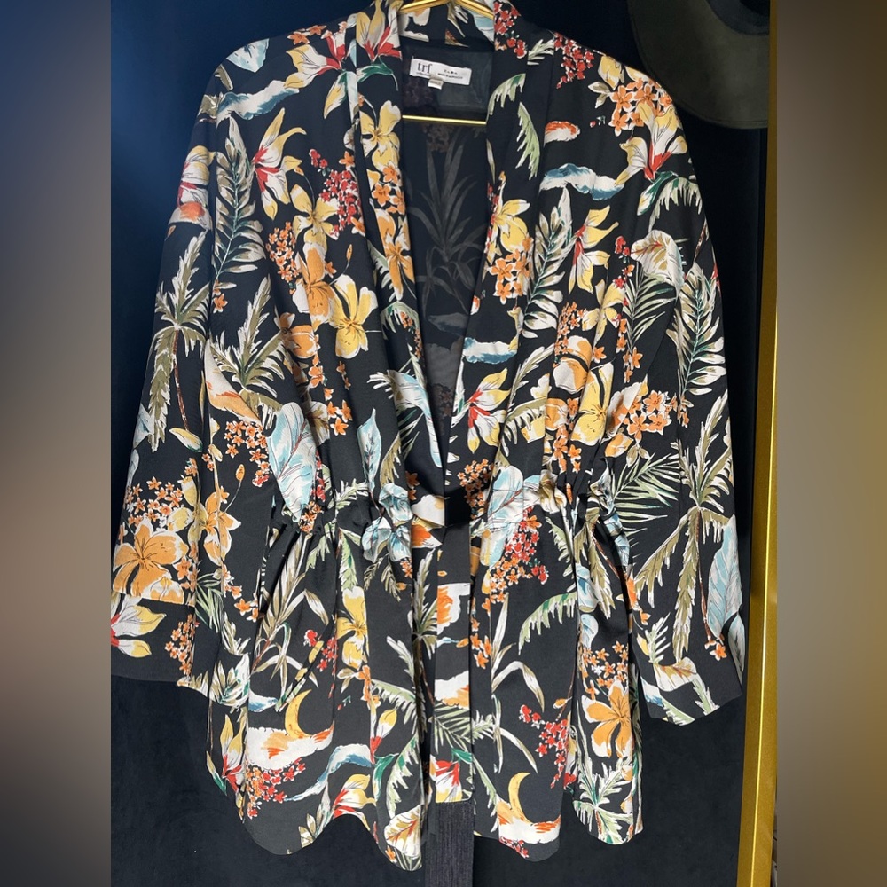 ZARA Women V Neck Floral Kimono Jacket Tassels Tie Three Quarter Sleeve L-XL